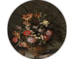 Boeket bloemen in een vaas, insecten en kleine wezens - Jacob Marrel wandcirkel - Oude meesters schilderij rond - Schilderij rond Insecten - Schilderij vintage - Wandschaal - Kunstwerk muurcirkel forex 90x90 cm