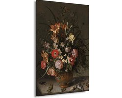 Boeket bloemen in een vaas, insecten en kleine wezens - Jacob Marrel wanddecoratie - Oude meesters schilderijen - Schilderij op canvas Insecten - Wanddecoratie klassiek - Canvas schilderijen - Muurdecoratie slaapkamer 100x150 cm