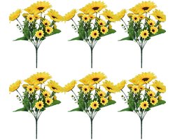 Boeketten met 6 kunstmatige zonnebloemen, nepbloemen voor buiten, voor lentedecoratie in huis, als tafeldecoratie voor een bruiloft, of als decoratie voor je tuin
