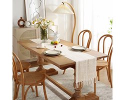 Boerderij Tafelloper Rustieke Stijl 33x305cm, Gevlochten Gestreept Linnen Herfst Tafelloper Met Kwastjes Voor Eetkamer Keuken Lezen Dressoir Decor,Beige