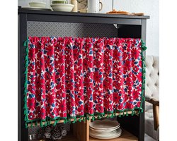 Boheemse bloemen katoenen linnen gordijnpaneel, met franjes en bloemenpatroon, keuken/café gordijn met roedezak, geschikt voor badkamer en slaapkamer (rood, 150*45cm)