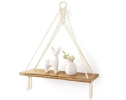 Boheemse geweven hangplank, rustieke decoratieve hangende opbergplank, katoenen touw, handgeweven zwevende plank voor balkon, woonkamer, kinderkamer, studentenkamer, Wit