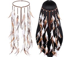Boheemse hoofdband met veren voor dames, handgemaakte hippie-hoofdtooi in tribalstijl voor festivals, carnaval en themafeesten, etnisch design en lange haarband