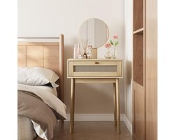 Boheemse kaptafel met spiegel en rotan lade – Moderne houten make-uptafel – Kaptafel zonder kruk – Cosmetische tafel met opbergruimte – 60×50×128cm – Natuurlijke kleur HomeByNicole