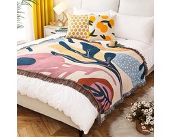 Boheemse Katoenen Plaid met Kwastjes - Dubbelzijdig Geweven Omslagdoek & Sierkleed 160x130cm