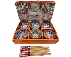 Boheemse Kommen schaaltjes Servies set met Eetstokjes - 6 Boho kommetjes voor rijst, yoghurt, soep, saus etc. Rood/Blauw Porcelein