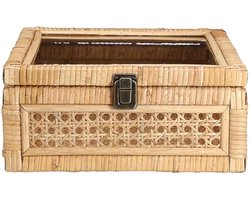 Boheemse opbergdoos met plexiglasdeksel, rotan kist met slot, decoratieve doos voor badkamer, woonkamer, keuken, slaapkamer, kasten, winkelcentra, tentoonstellingsplanken (M)