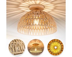 Boheemse Rotan Plafondlamp - Ronde Kap Van 30 cm E27 Fitting Houten Voet Eenvoudige Installatie - Voor Hal, Keuken, Kinderkamer En Kleine Ruimtes