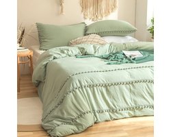 Bohemen Beddengoed, 135 x 200 cm, 2-delig, zeegroen, pompon, boho, chic, beddengoed, gewassen microvezel, beddengoedsets, zacht dekbedovertrek met ritssluiting en kussensloop 80 x 80 cm