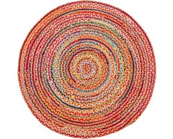 Bohemian Gevlochten Tapijt - Jute Katoen Mat - Woonkamer Decoratie - Hand Geweven Kwaliteit - 91 cm Rond - Multicolor