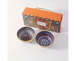 Bohemian keramische kommen set mandala oranje & blauw – 2 stuks voor ontbijt, pasta en desserts