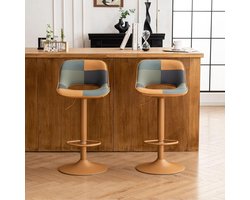 Bohemian Patch Luxe Barkrukken Set van 2 – Verstelbare Draaibare Barkrukken met Rugleuning – Geel Groen Patchwork Design – 360° Draaibaar – Retro Boho Keukenkrukken voor Kookeiland, Bartafel en Thuisbar – 44 x 49 x 80-102 cm