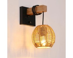 Bohemian Rotan Wandlamp – Handgeweven Rieten Lampscherm – E27 Fitting – Vintage Wandlamp met Schakelaar – Houten & IJzeren Wandarmatuur – 60W – 220V – Zonder Lamp