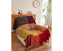 Bohemian-stijl decoratieve plaid, chenille jacquard veelkleurige Bohemian stoel-/fauteuilhoes, Azteekse hippie-stijl decoratieve plaid, dubbele bankplaid (152 cm x 190 cm, rood/groen/marineblauw/geel)