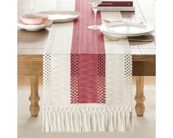 Bohemian Tafelloper - Donkerroze/Ivoor - Handgeweven Kanten Design - Landelijke Woondecoratie - Geschikt voor Eetkamers en Slaapkamers - 30x120cm