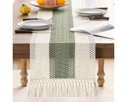 Bohemian tafelloper - handgeweven kantpatroon - geschikt voor eettafels en kaptafels - saliegroen/ivoor - 30 x 275 cm