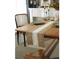 Bohemian tafelloper - katoen en jute tafel loper met franjes - 30 x 240 cm - tafeldecoratie landelijk - farmhouse style - Bruin met wit