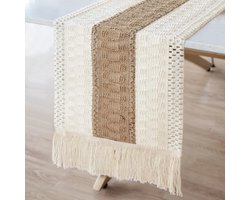 Bohemian tafelloper - katoen en jute tafel loper met franjes - 30 x 240 cm - tafeldecoratie landelijk - ibiza style