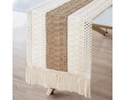 Bohemian tafelloper - katoen en jute tafel loper met franjes - 30 x 300 cm - tafeldecoratie landelijk - farmhouse style