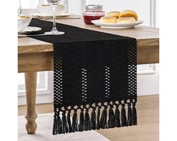 Bohemian Tafelloper - Landelijke Tafeldecoratie - Handgeweven Zwart Kant - Moderne Landelijke Stijl - Geschikt voor Eettafels en Kasten - Zwart, 30x220cm