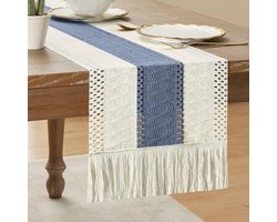Bohemian Two-Tone Tafelloper - Handgeweven Kantpatroon - Rustieke Woondecoratie - Perfect voor Eettafels, Slaapkamers of Kasten - Blauw/Ivoor 30x180cm