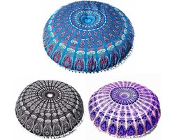 Bohemian Vloerkussenhoes van Katoen - Ronde Hippie Kussenhoes van 80 cm voor Comfortabele Decoratie in Huis (Blauw)