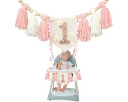 Boho 1e Verjaardag Kinderstoel Banner Feestdecoratie voor Meisjes - Baby Douche Muurhanger Decoratie voor Kinderkamer - Madeliefjespatroon Roze Wit