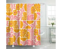 Boho Abstract Kleurrijk Bloemen Douchegordijn, Vintage Retro Patchwork Oranje Roze Bloem Botanisch Geometrisch Esthetisch Groovy Badkamer Decor Douchegordijnset met 12 Haken, 72X72IN