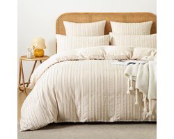 Boho beddengoed, 220 x 240 cm, beige getuft borduurwerk, gestreept, Boheemse stijl, dekbedovertrek, super zacht gewassen microvezel, omkeerbaar beddengoedset, ritssluiting en 2 kussenslopen