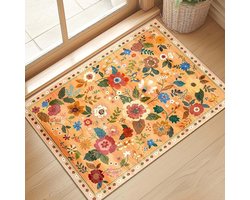 Boho Bloemen Vloerkleed Deurmat 60 x 90 cm Oranje, Antislip Laagpolig Tapijt voor Kinderkamer, Hal, Entree, Keuken en Woonkamer