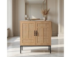 Boho Dressoir Kast met Rotan Deuren 80x38x81 cm – Mobili Bella – Houten Sideboard met Verstelbare Plank, Metalen Poten & Kantelbeveiliging – Keukenkast / Buffetkast Eiken Mobili Bella