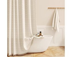 Boho Farmhouse Douchegordijn - Geruit Linnen, Vintage Bohemian Stijl, 182 x 200 cm, Beige/Crème