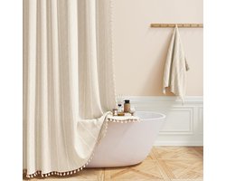 Boho Farmhouse Douchegordijn, Linnen Rustiek Gestreept Douchegordijnset met Kwastje, Waterafstotend, Boheems Vintage Landelijk Douchegordijn voor Badkamer, Crème/Beige, 72x72in