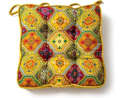 Boho fluwelen stoelkussens voor keuken- en eetkamerstoelen, bedrukt stoelkussen met strikjes, zacht en comfortabel vierkant stoelkussen (geel, 40 x 40 cm)