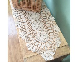 Boho Gehaakte Tafelkleed in Beige van Katoen en Linnen, Perfect voor Salontafel en Eettafel, 30x150cm