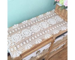 Boho Gehaakte Tafelkleed van Katoen en Linnen voor Salontafel, TV-Meubel en Eettafel - Wit 30x110cm, Perfect voor Interieurdecoratie en Feestelijke Gelegenheden