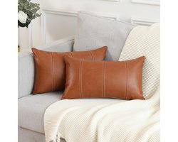 Boho gestreepte faux leren kussenhoezen - 2 stuks - bruin - 30x50 cm