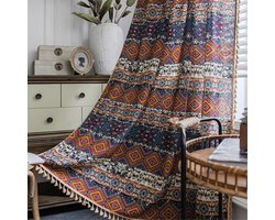 Boho Gordijn, Boheems, 1-pack, etnisch chique, geometrische beige kwastjes, artistiek oranje kubusgeometrie print raamdecoratie, semi-verduisterend katoenen linnen roedezakgordijn voor de slaapkamer, 145 x 200 cm