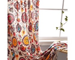 Boho-gordijn met kwastjes, semi-verduisterend katoenen linnen raamdecoratiepaneel met Boheemse bloemenprint, gordijn met roedezakken voor woonkamer, slaapkamer, keuken, 145*220cm, 1 paneel
