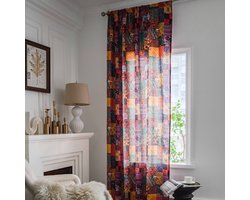 Boho-gordijnen in patchworkstijl met bloemenmotief, geometrische lichtfilterende semi-verduisterende gordijnen, kleurrijk,roedezakken,140x220cm
