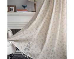 Boho Gordijnen Landelijke Stijl Katoen Linnen Macramé Gordijnen Vintage Hol Uit Doorschijnend Beige Kahki Bloemen Paneelgordijnen Gehaakt Gordijn, 160 x 150 cm