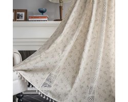 Boho-gordijnen, landelijke stijl, katoenen linnen macrame-gordijnen, vintage, uitgeholde doorschijnende beige, kaki bloemen, paneelgordijnen, gehaakt gordijn met staafzak, set van 2, 260 x 150 cm