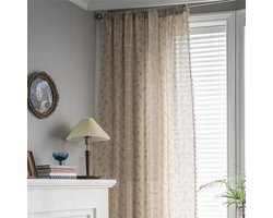 Boho gordijnen landhuisstijl katoen linnen kwastjes gordijnen vintage uithollen doorschijnend beige Kahki bloemen vitrage haken gordijn met stangdoorvoer, 2 stuks, 160x150cm (HxB)