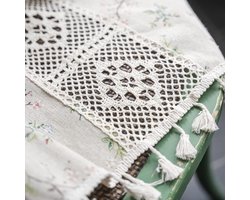 Boho gordijnen landhuisstijl katoen linnen kwastjes gordijnen vintage uithollen doorschijnend beige Kahki bloemen vitrage haken gordijn met stangdoorvoer, 2 stuks, 160x150cm (HxB)