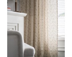 Boho gordijnen landhuisstijl katoen linnen kwastjes gordijnen vintage uithollen doorschijnend beige Kahki bloemen vitrage haken gordijn met stangdoorvoer, 2 stuks, 160x150cm (HxB)