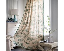 Boho-gordijnen met kwastjes, Boheemse groene semi-verduisterende gordijnen, lengte 150*200 cm, katoenen linnen, boerderijgordijnpanelen, bloemenpatroon, roedezakgordijn voor woonkamer/slaapkamer, 2 panelen