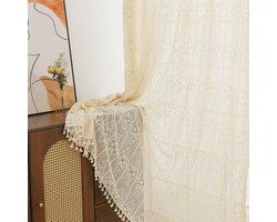 Boho Gordijnen met Plooiband - Set van 2 - Beige - Kant - 150 x 230 cm