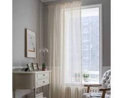 Boho-gordijnen voor de woonkamer Kanten gordijnen Stangzak Vintage kwastjes Decoratieve geometrische golven Gestreepte lichtfilterende gehaakte semi-transparante gordijnen voor de slaapkamer, beige,roedezakken,140x220cm