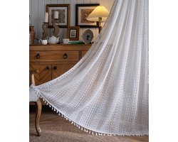 Boho gordijnen voor woonkamer vintage kwastje haak kanten gordijnen panelen voor slaapkamer raam boerderij retro holle pure gordijnen, 59 "w × 63" l （150 cm x220cm））-Wit