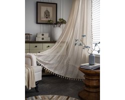 Boho gordijnen voor woonkamer vintage kwastje haak kanten gordijnen panelen voor slaapkamer raam boerderij retro holle pure gordijnen, 59 "w × 86" l （150 cm x220cm））-Beige kubus